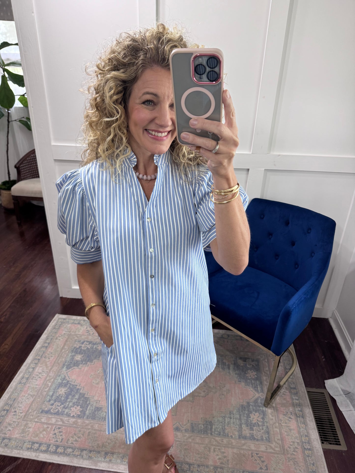 Blue striped shirt dress
