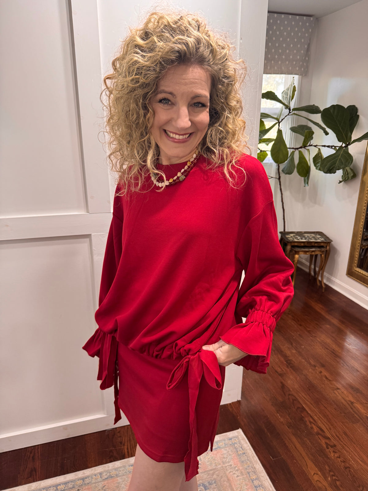 Cherry red tie waist pullover