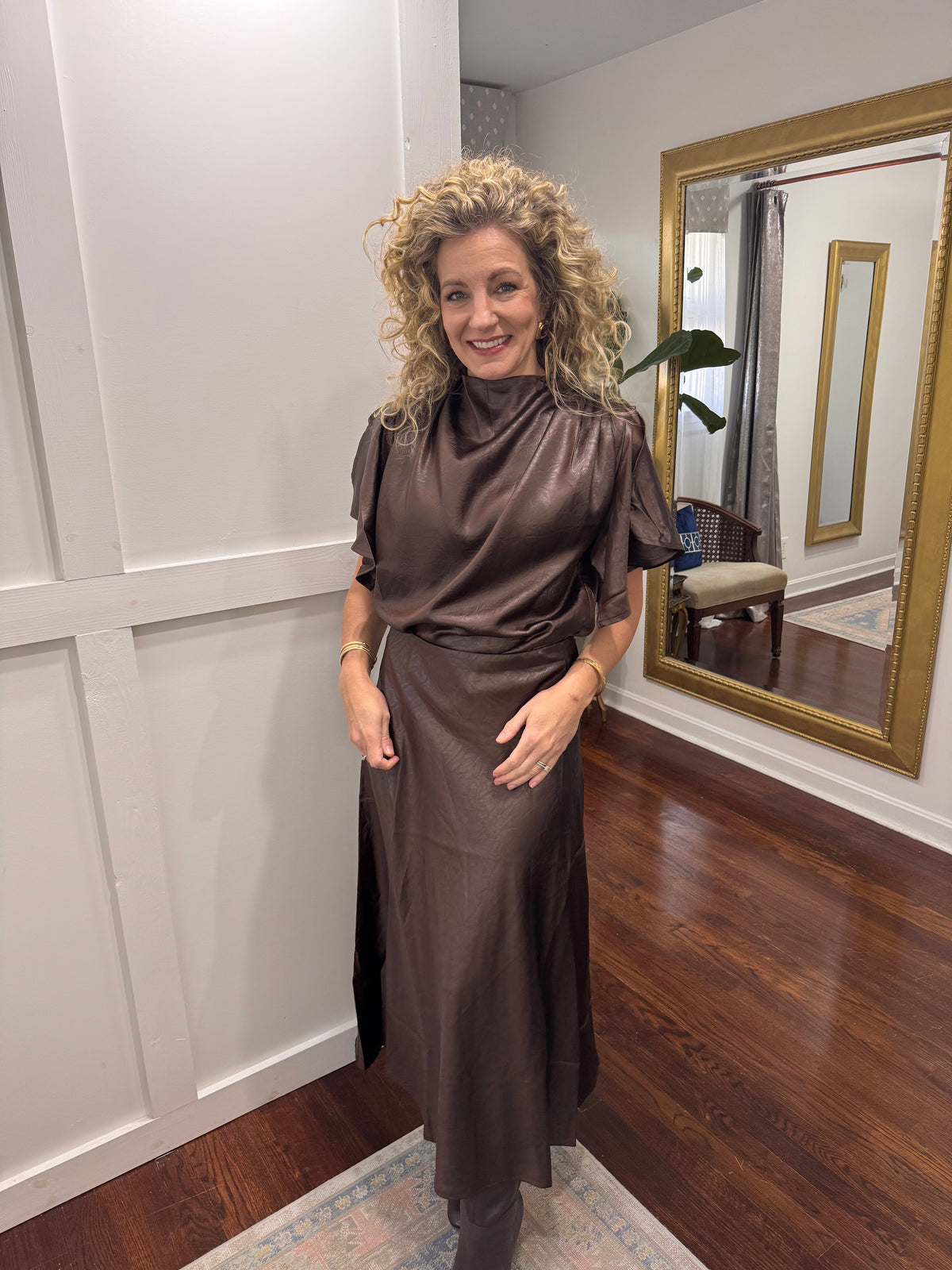 Chocolate textured satin skirt