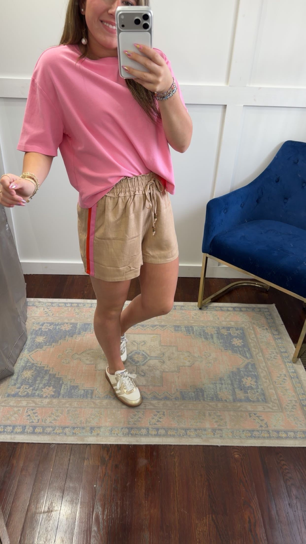 Taupe pink orange linen shorts