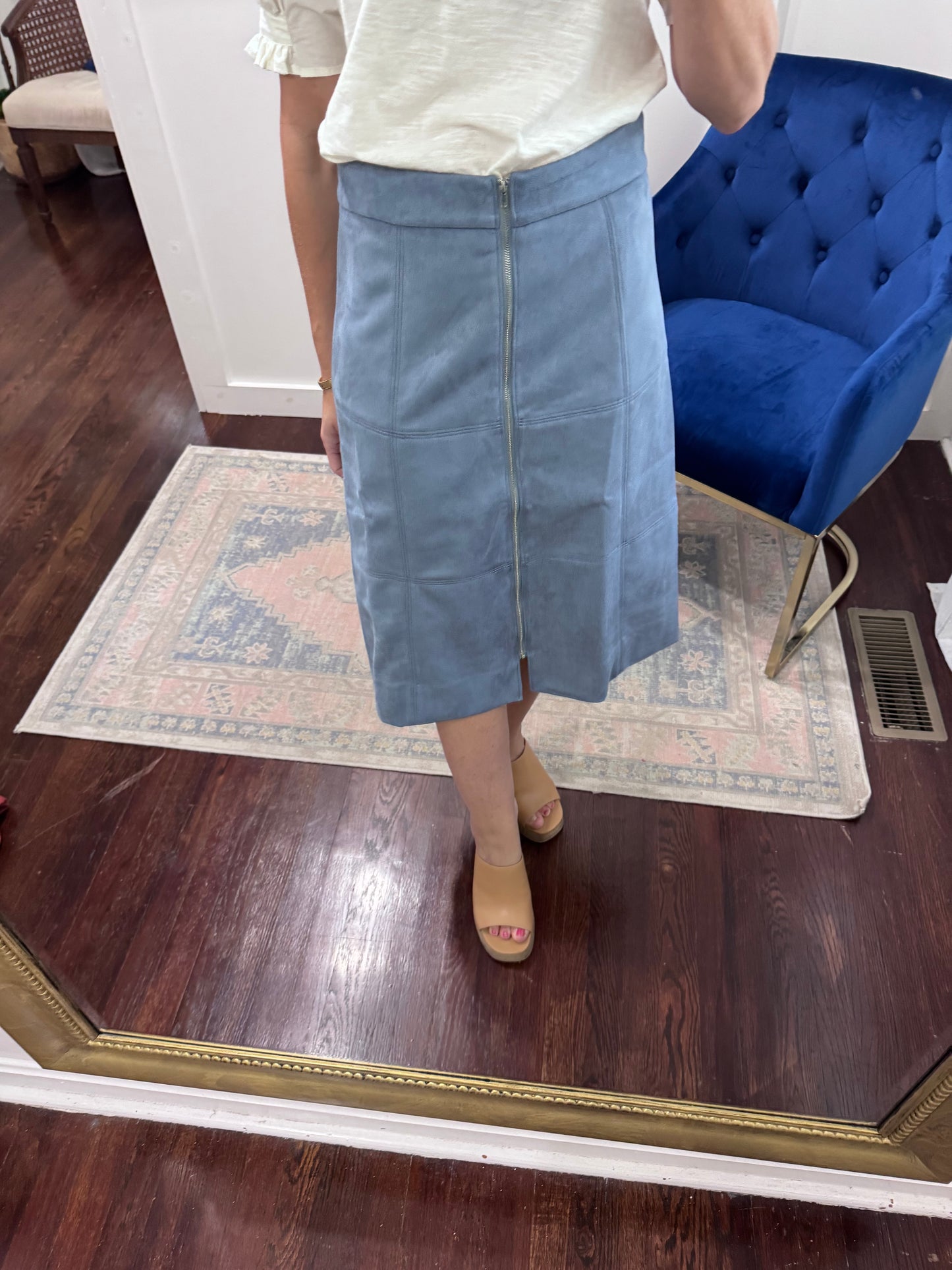 Blue suede midi skirt