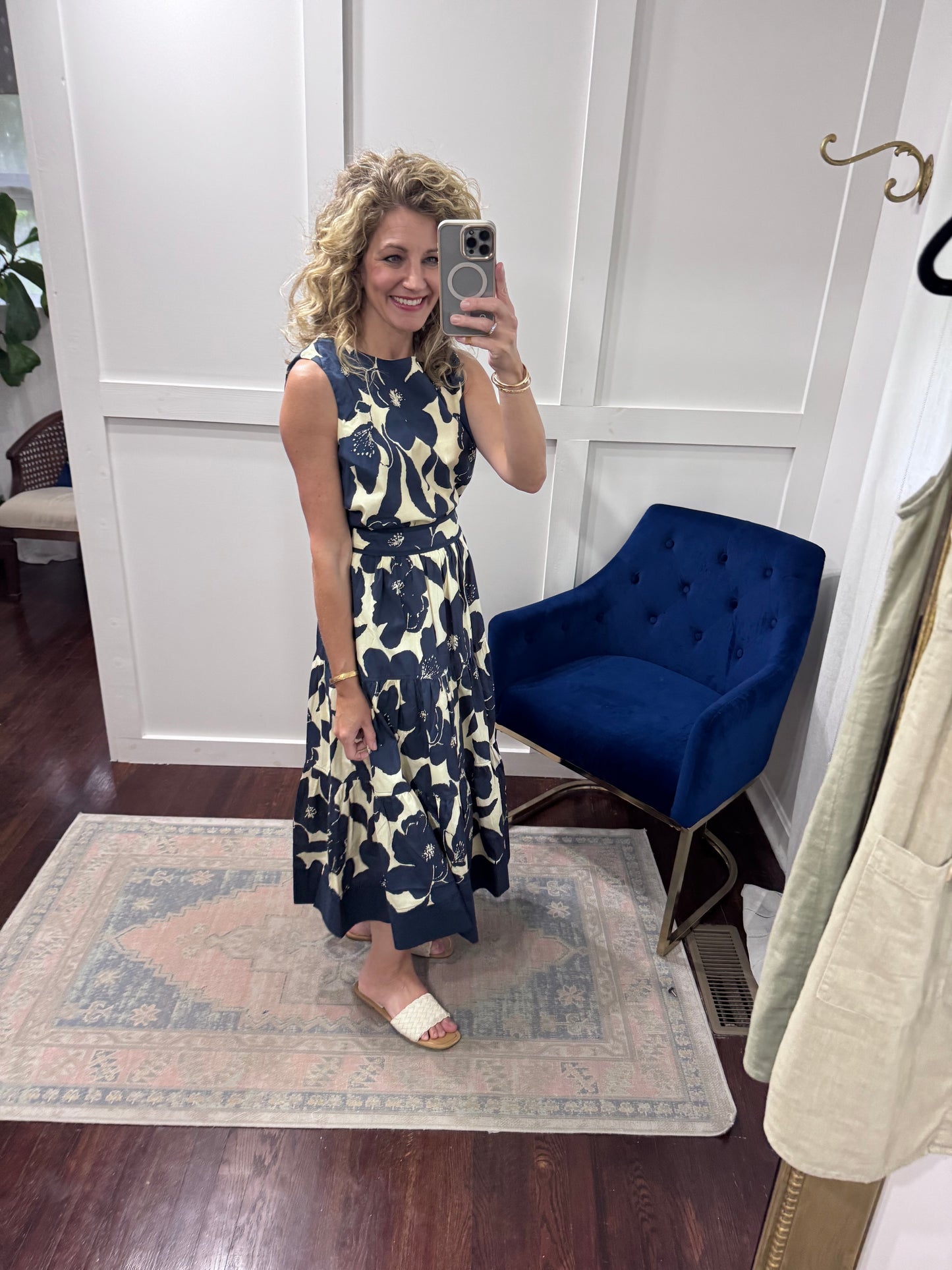 Navy floral tiered midi skirt