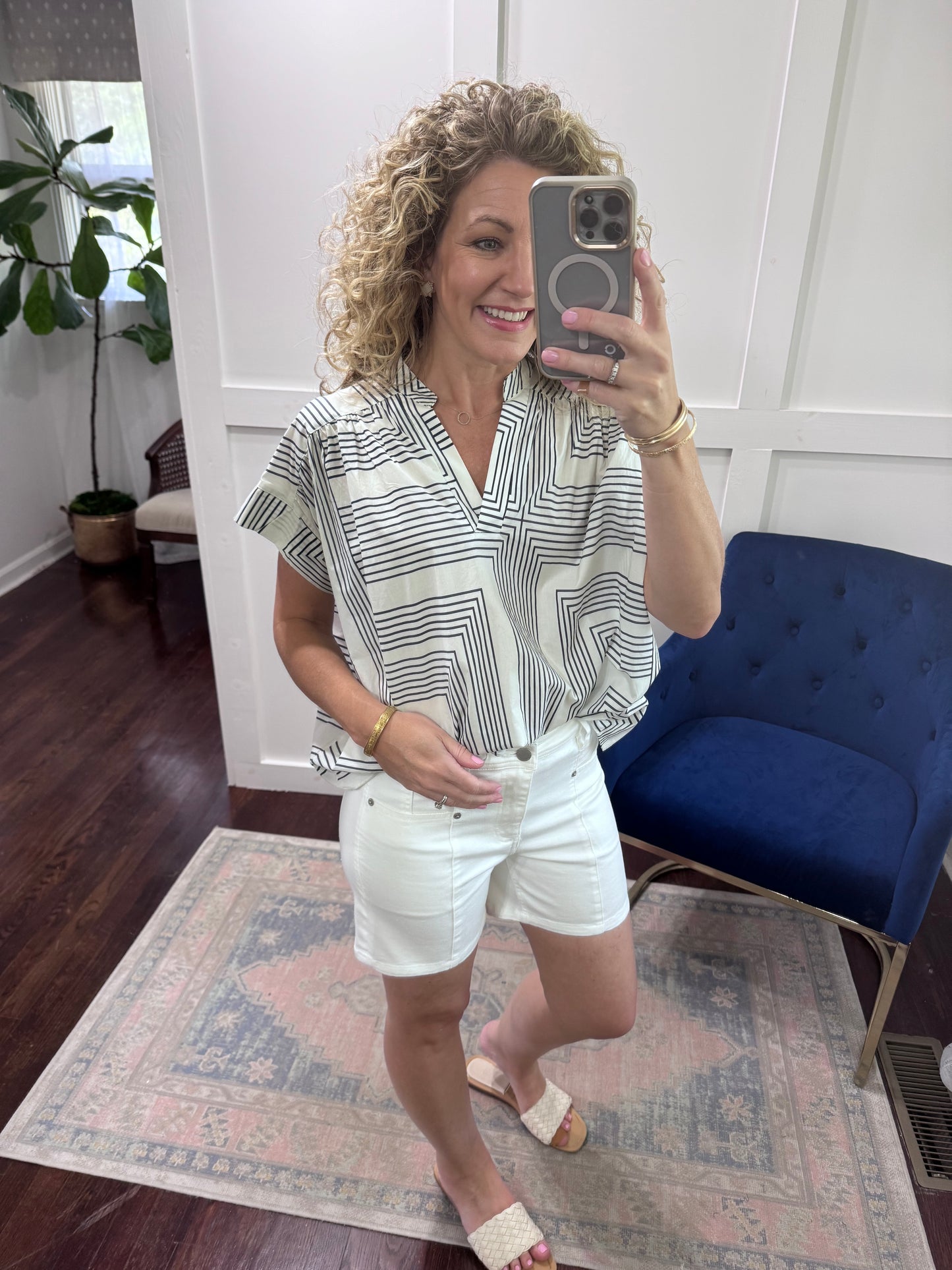 Ivory navy geometric blouse