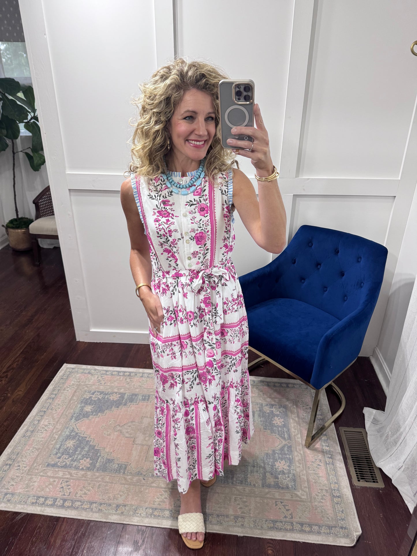 Pink tiered floral midi