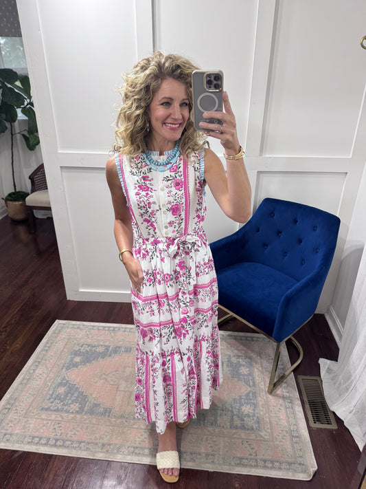 Pink tiered floral midi