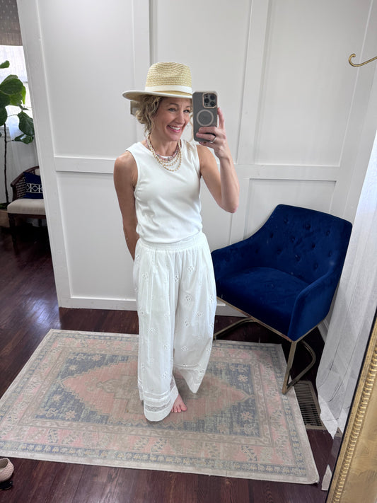 White eyelet wide leg pants