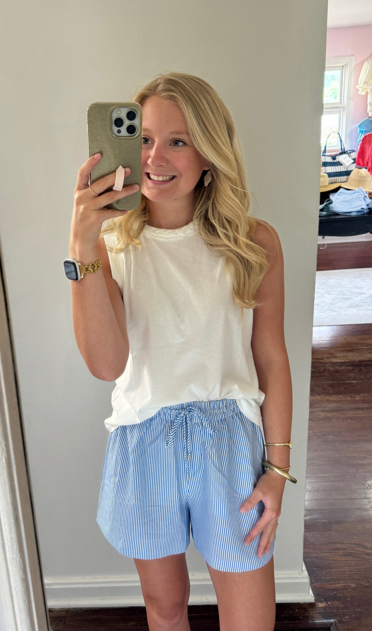 Blue white striped seersucker shorts