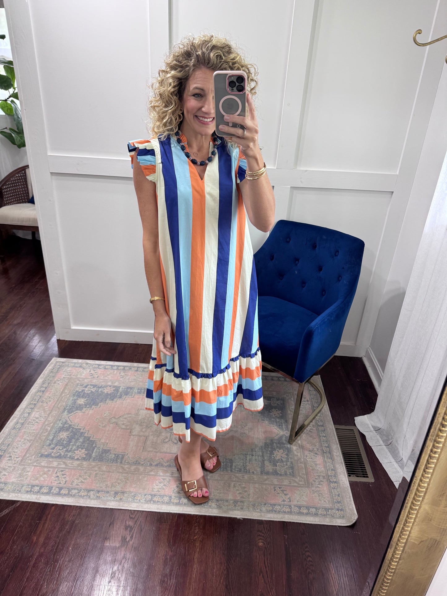 Blue coral bold stripes dress