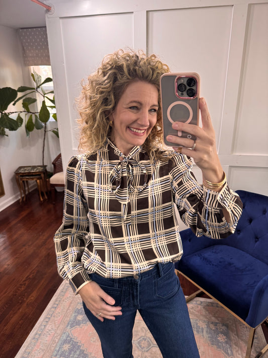 Brown blue plaid tie neck blouse