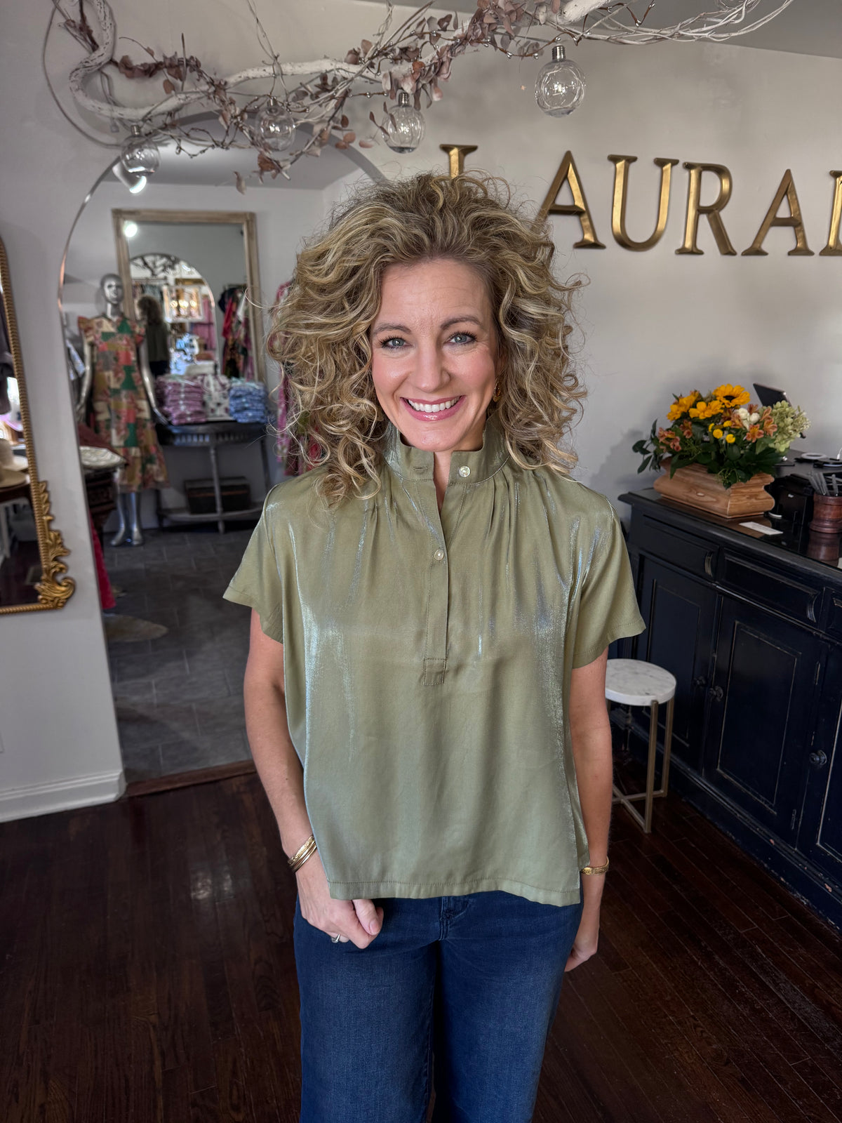 Sage green stand collar top