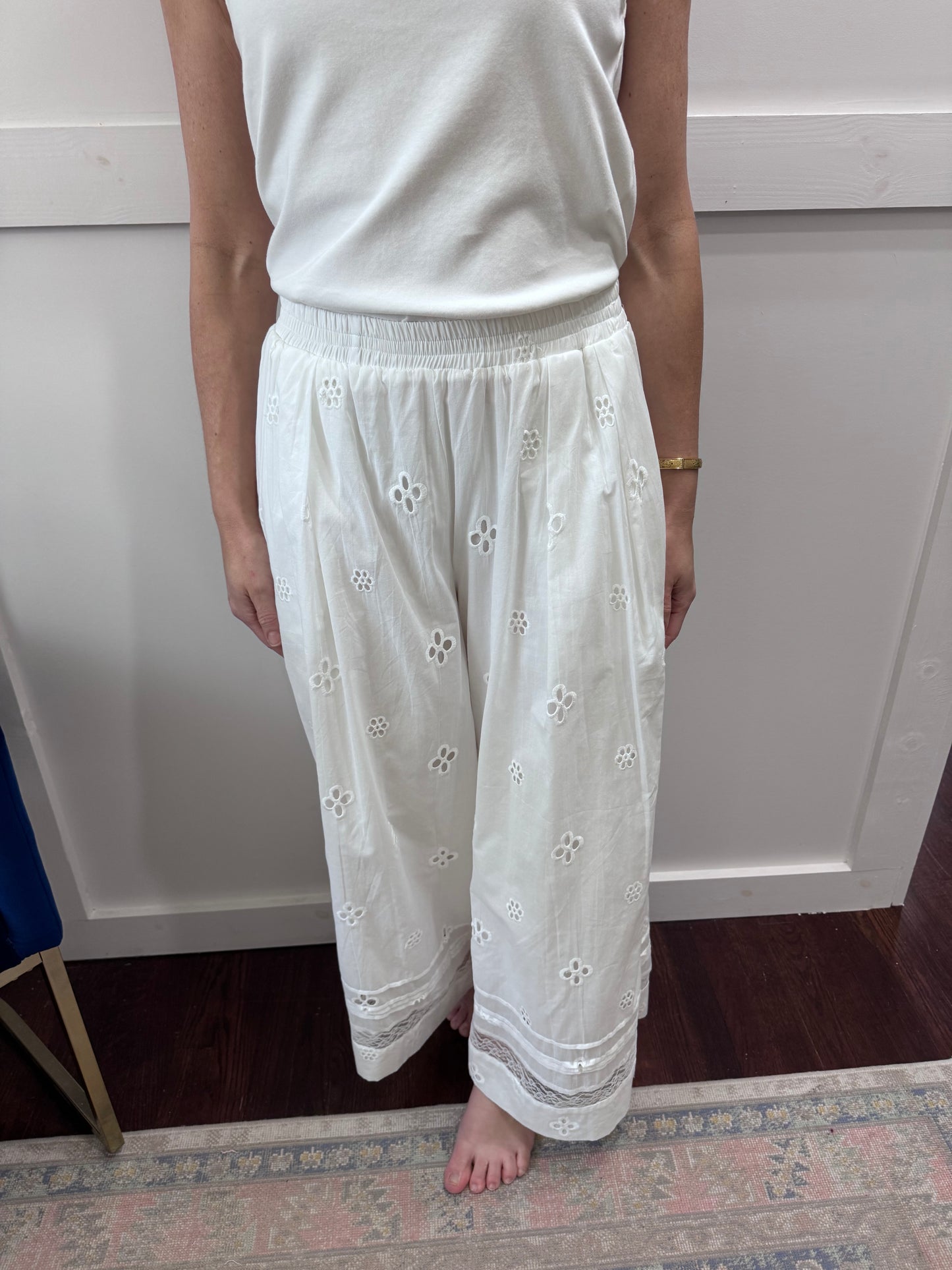 White eyelet wide leg pants