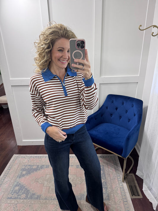 Brown white blue sweater