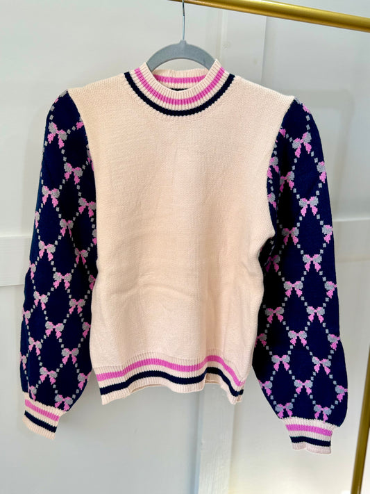 Bow trellis long sleeve sweater