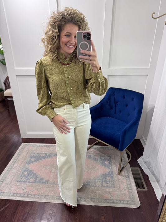Olive printed lace blouse