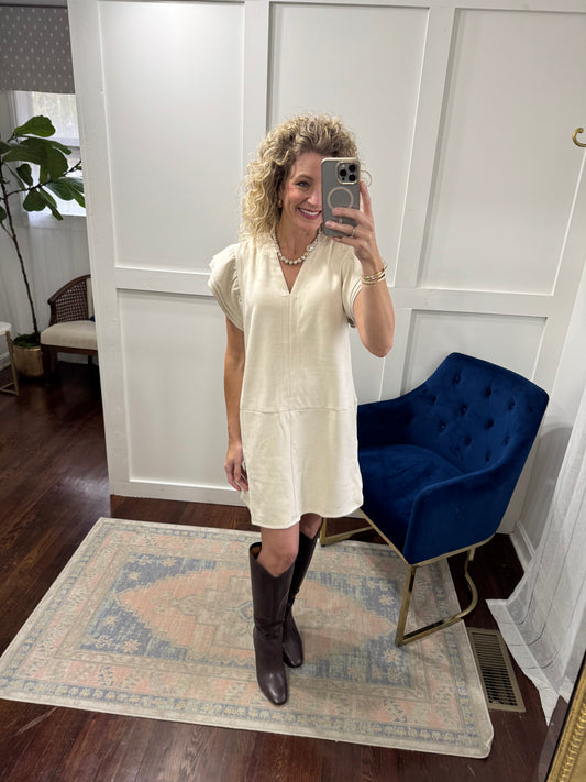 Cream suede flutter sleeve dress