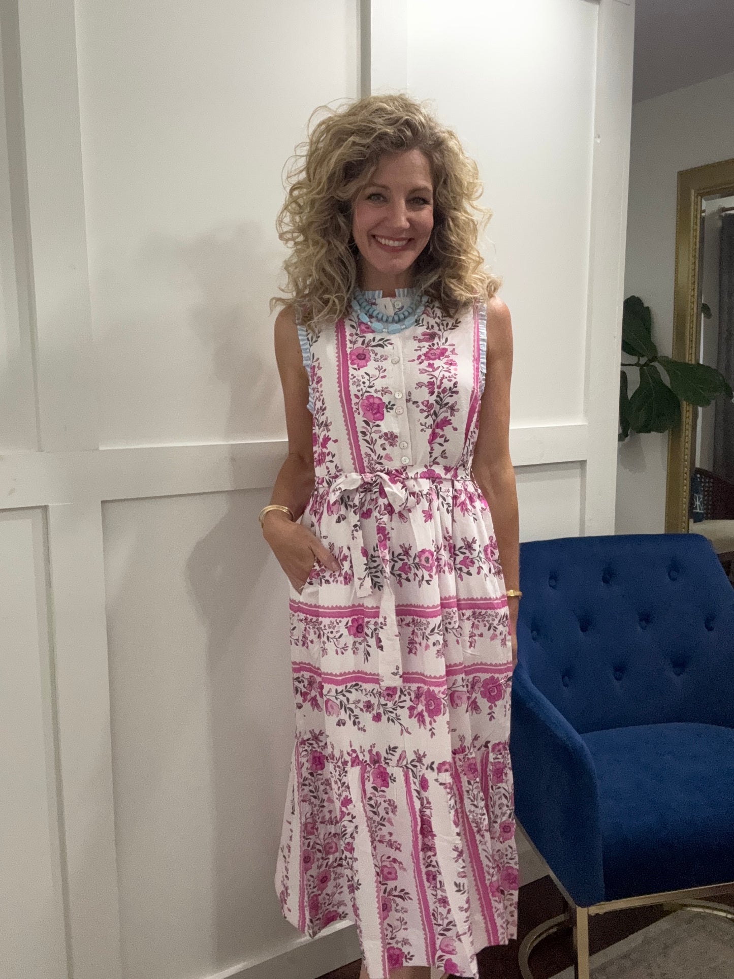 Pink tiered floral midi
