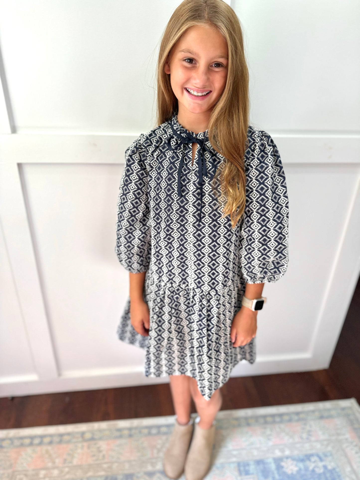 Tween Eve Dress Navy Eyelet