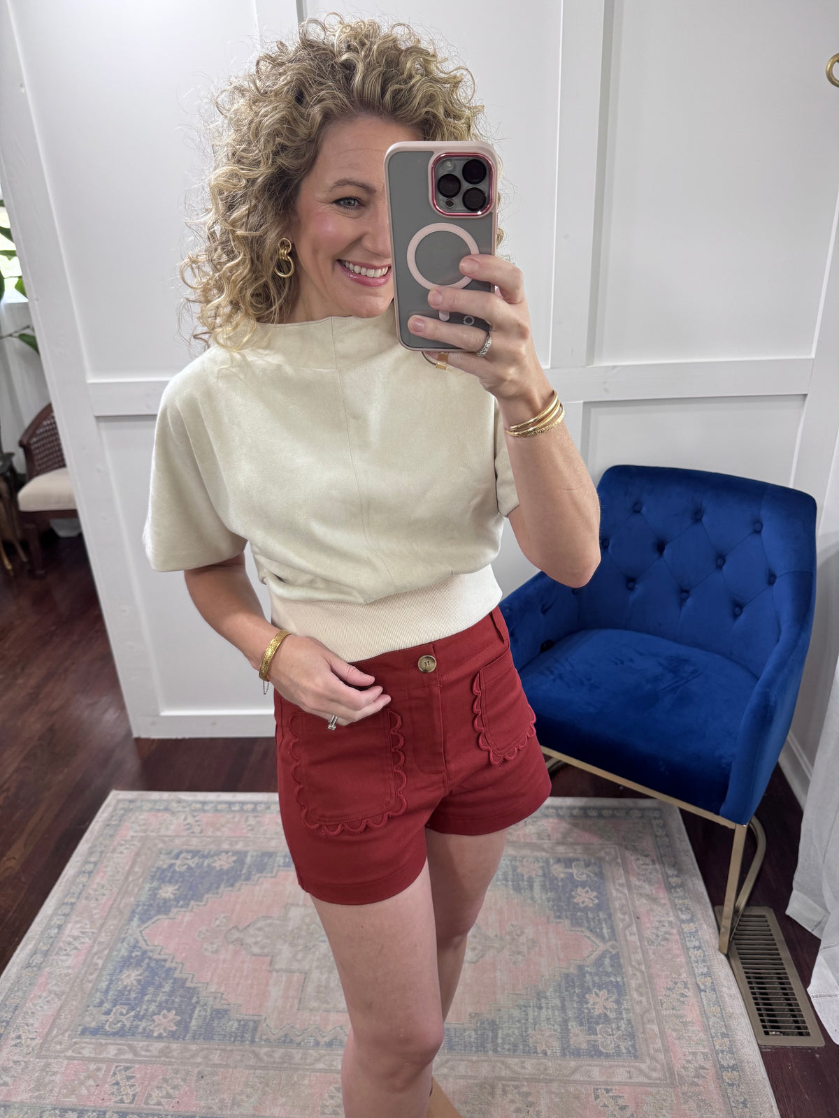 Rust camel scallop shorts