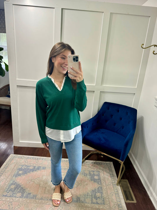 Pine green sweater with white