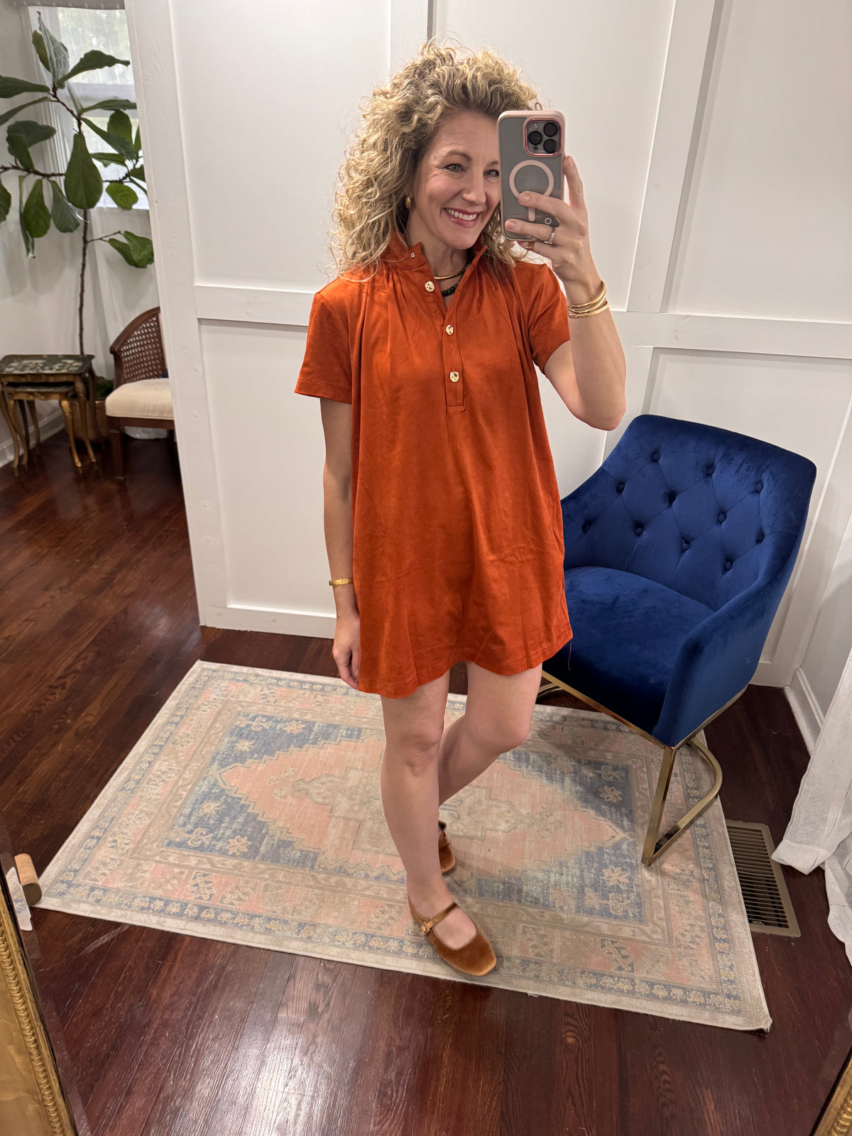 Rust suede stand collar dress