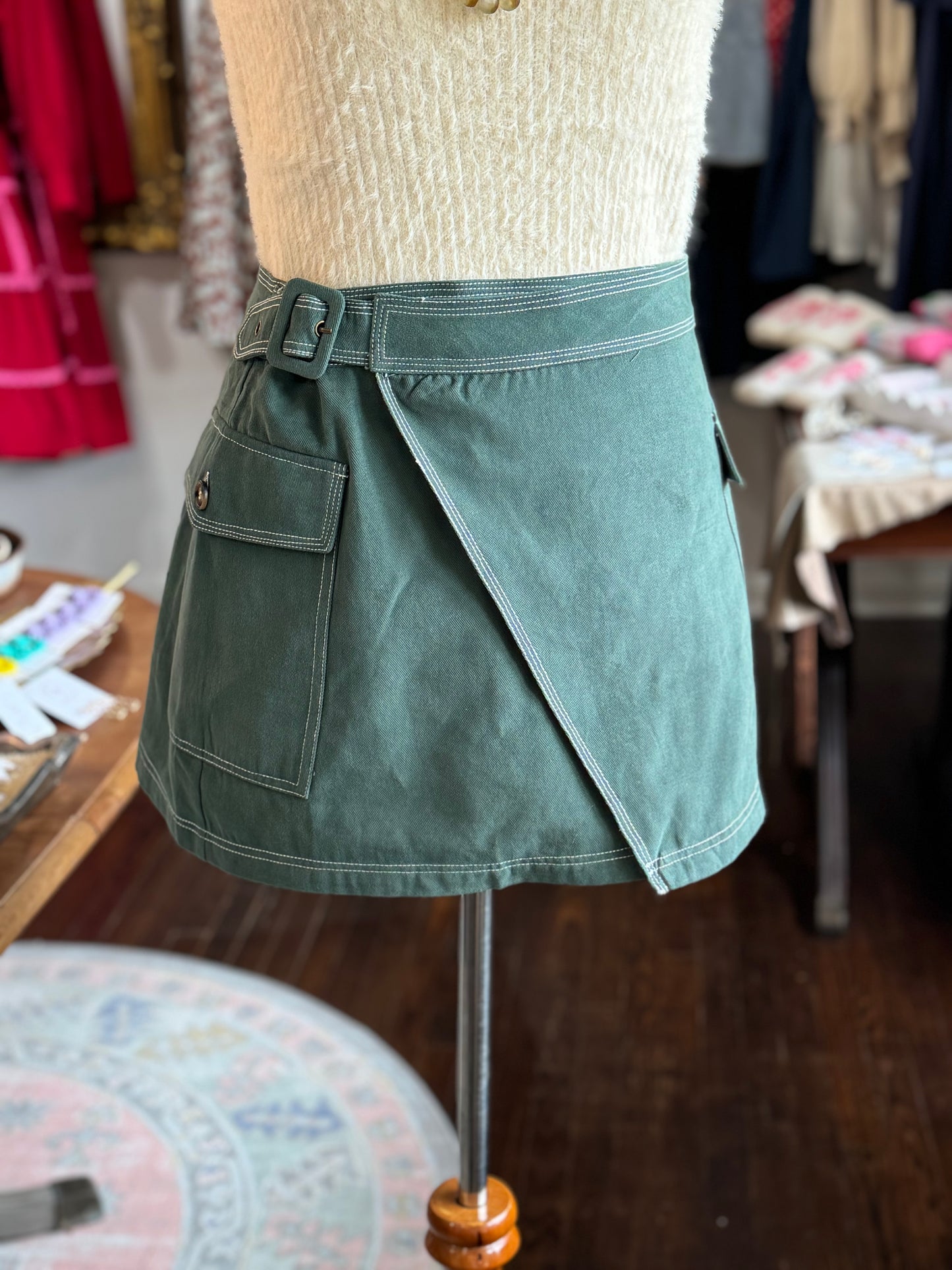 Green belted wrap skirt