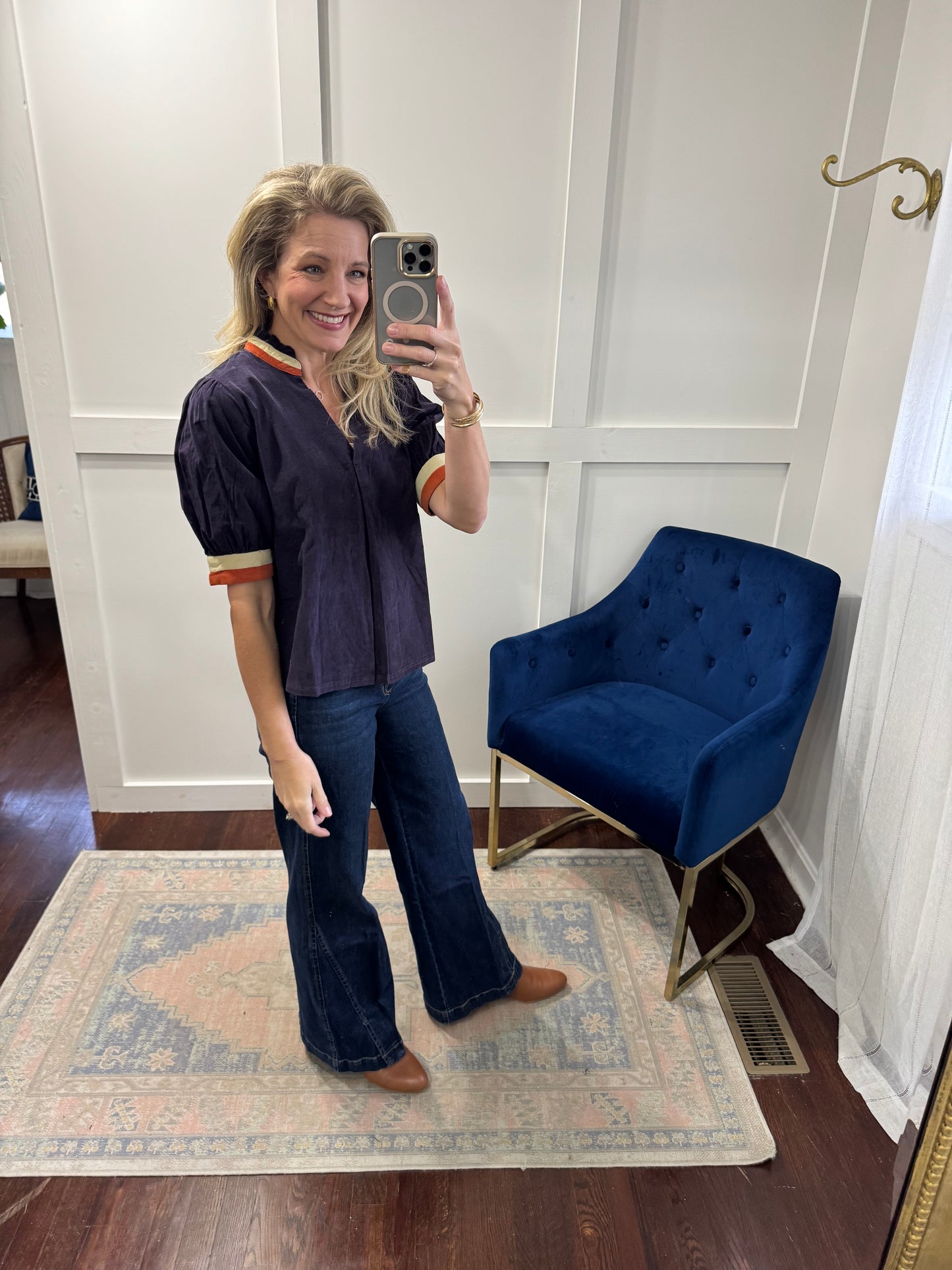 Navy corduroy with orange and ivory