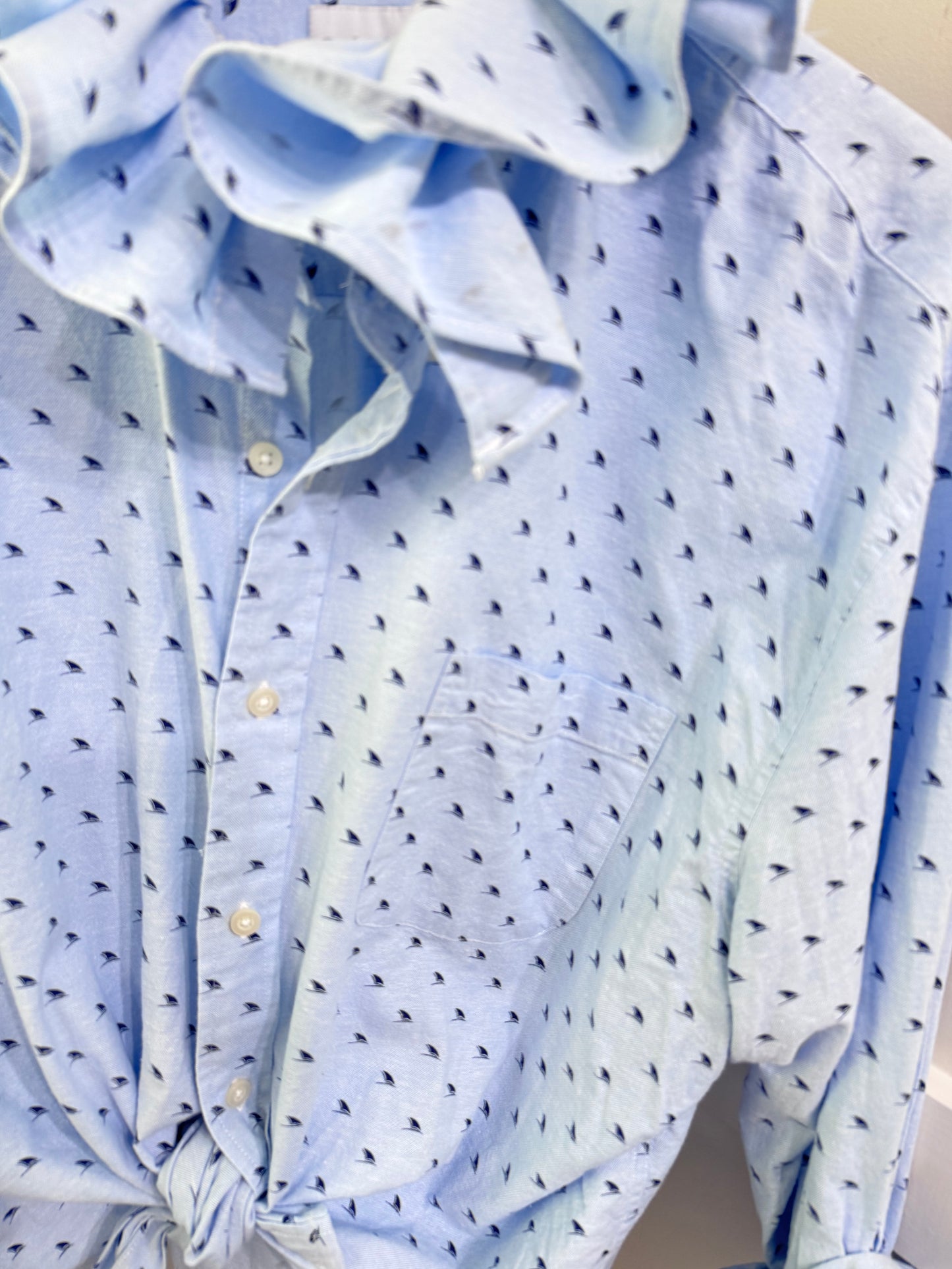 repurposed ruffle buttondown blue sailboats