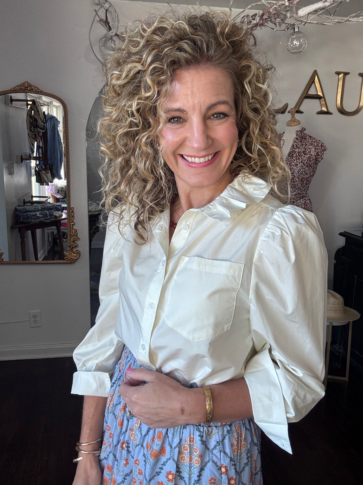 Cream ruffle collar button down
