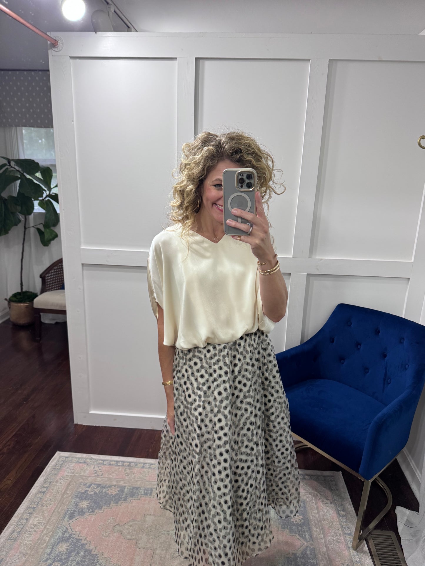 Champagne satin v-neck blouse