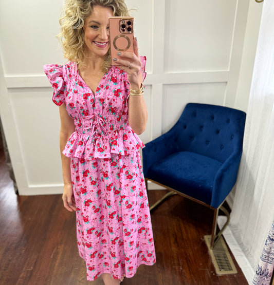 Berryglow floral smocked midi