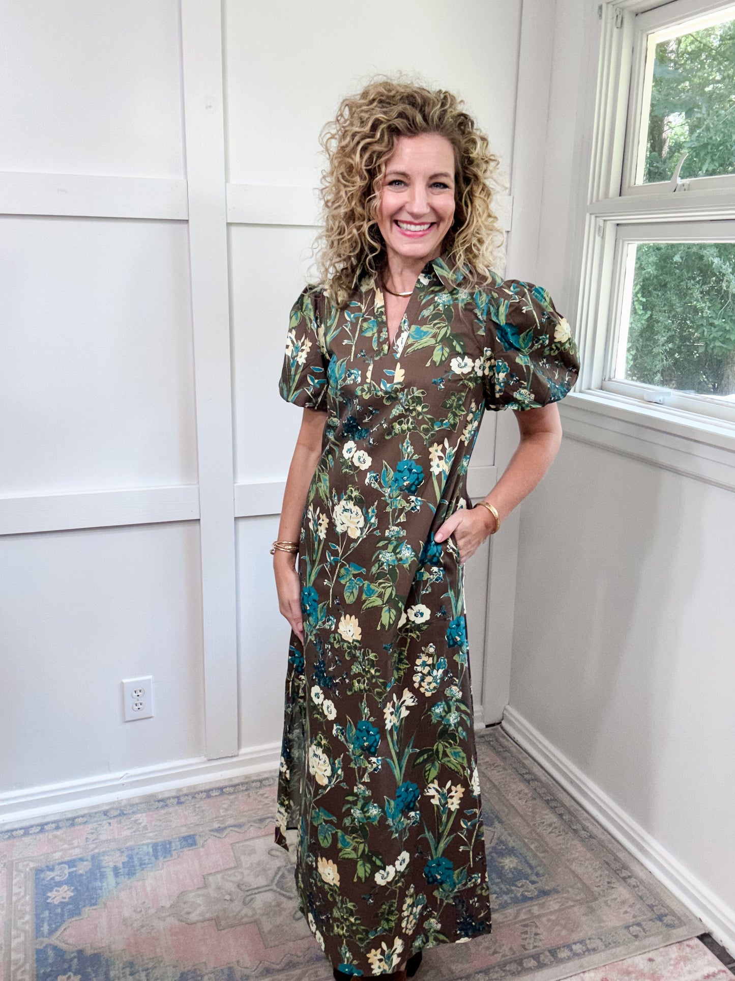 Choc Brown & Blue floral midi