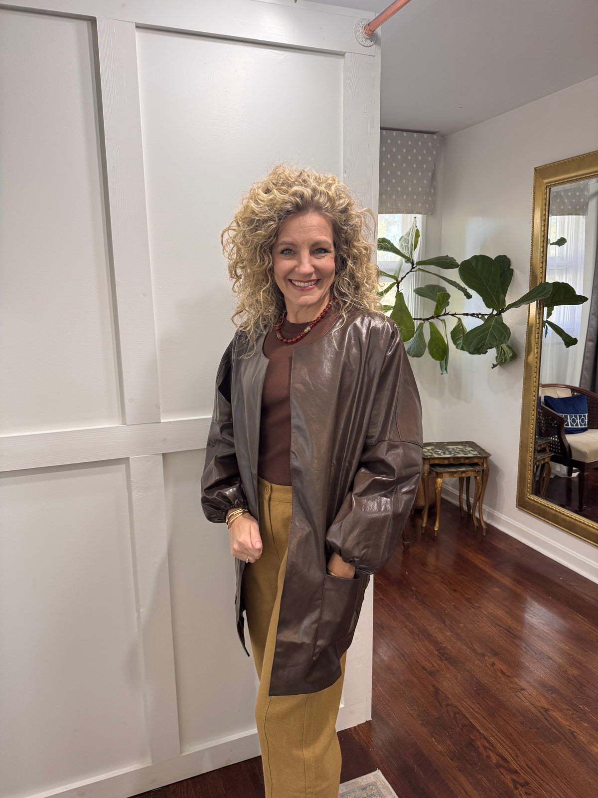 Chocolate leather billowy jacket