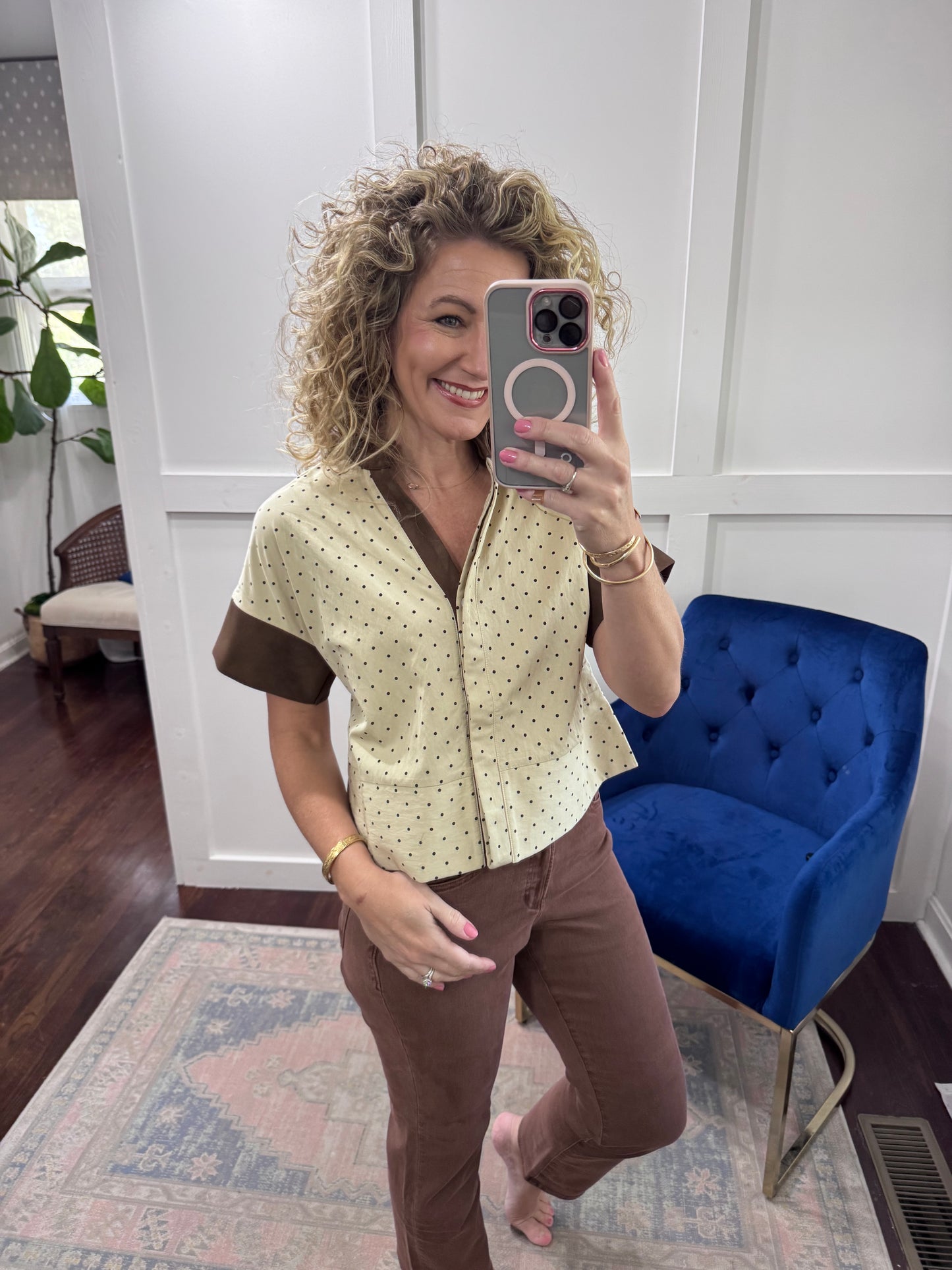 Cream polka dot suede top
