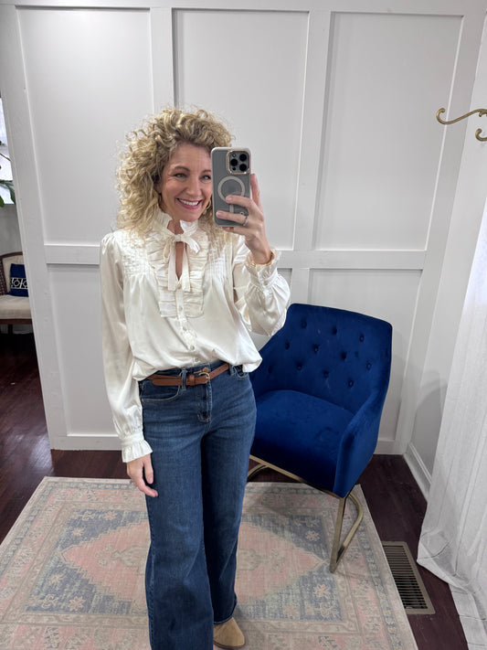 Pearl satin ruffle blouse