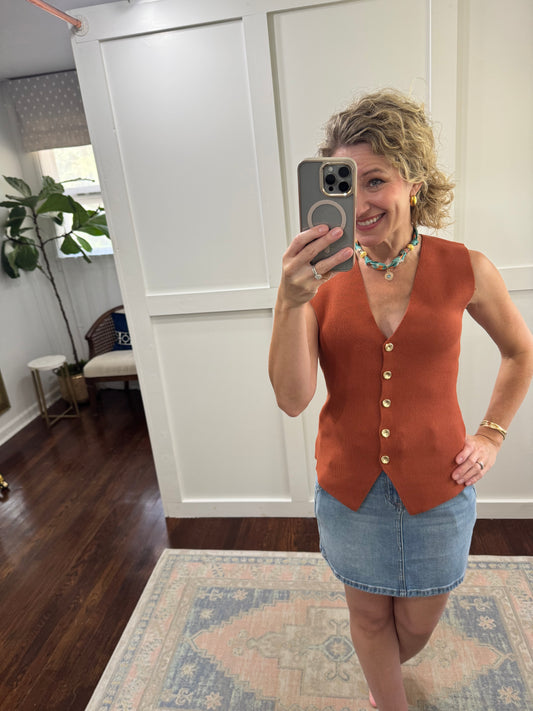 Camel button front sweater vest