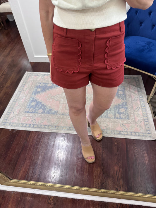 Rust camel scallop shorts