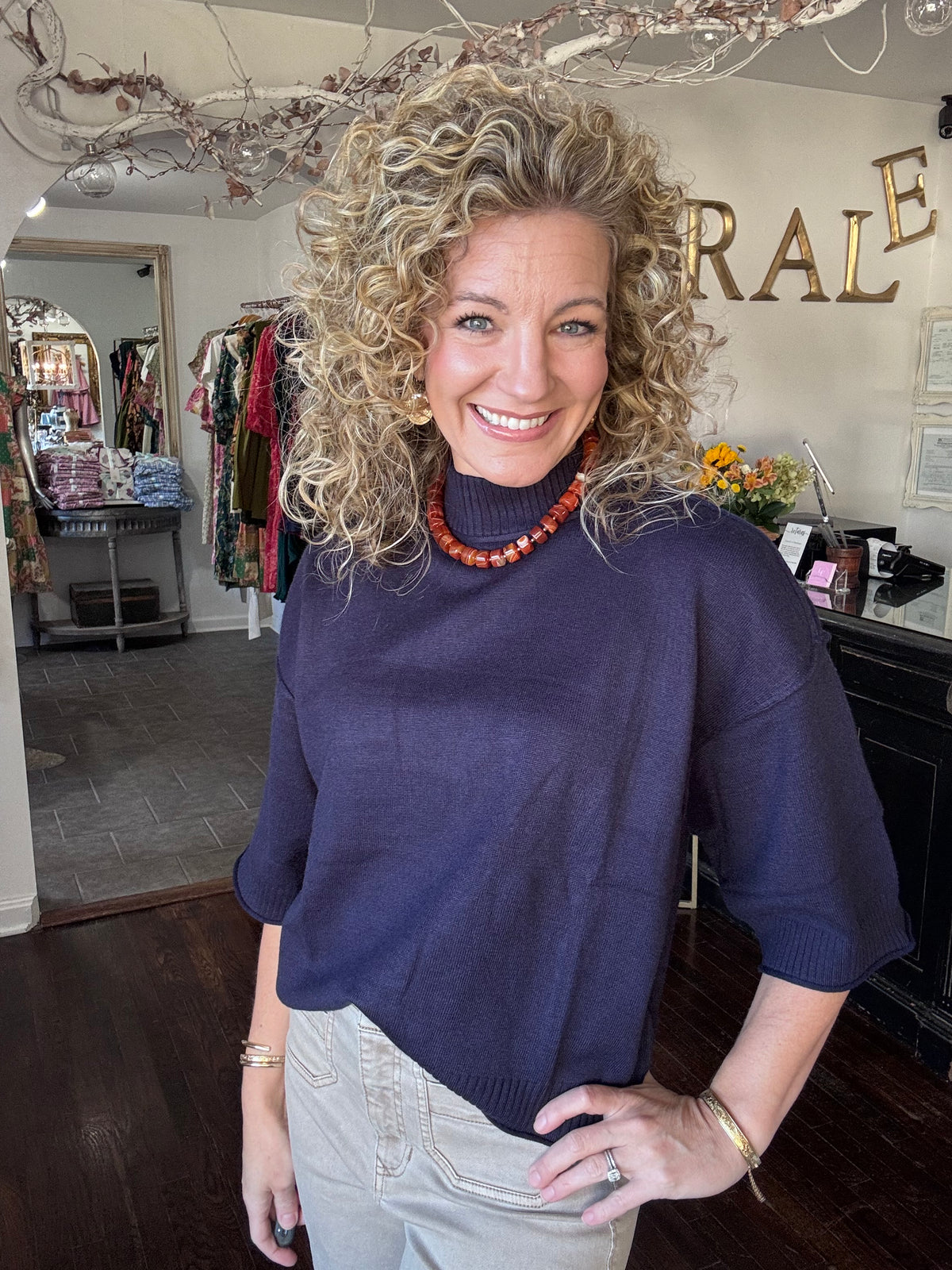 Navy mock neck sweater