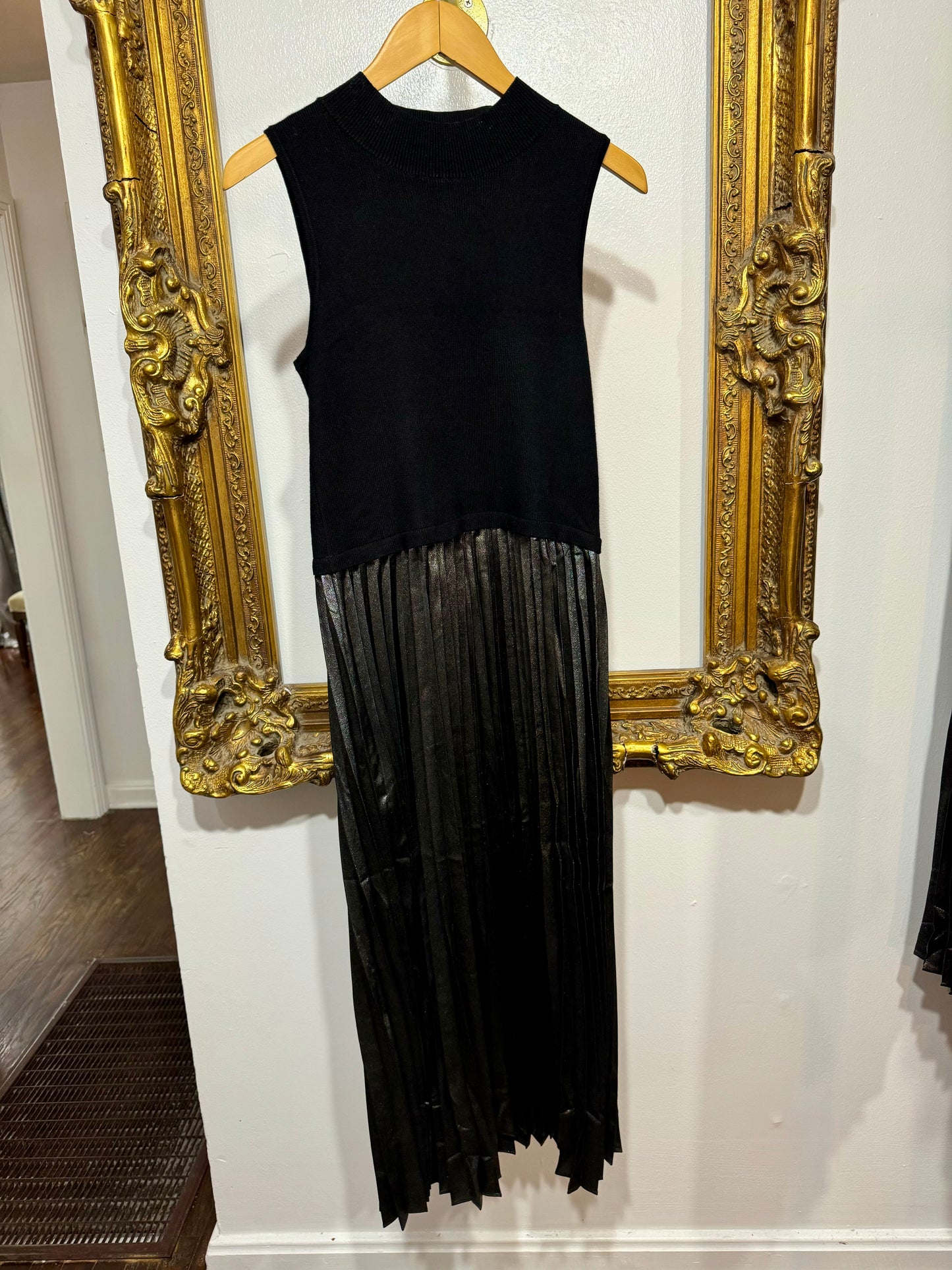 Black metallic pleated dress