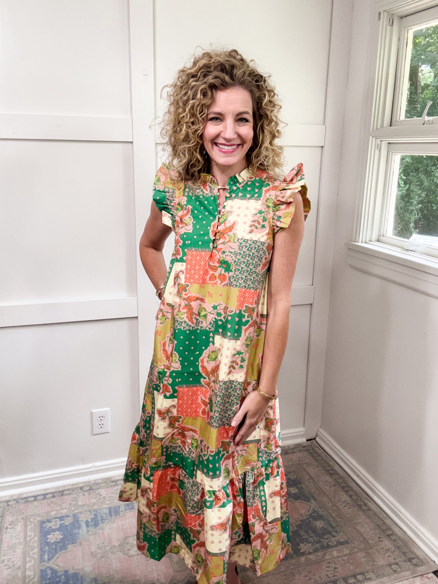 Green rust pink floral midi