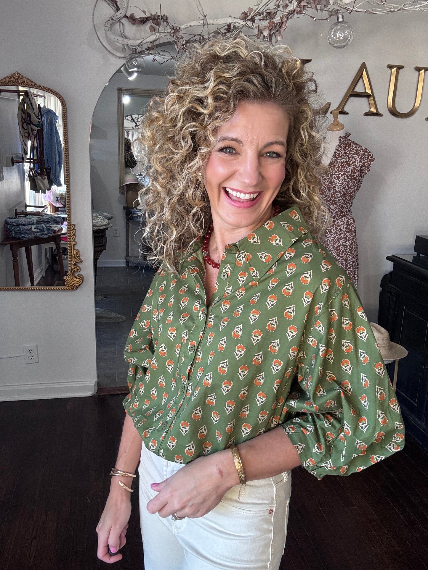 Olive poplin floral blouse