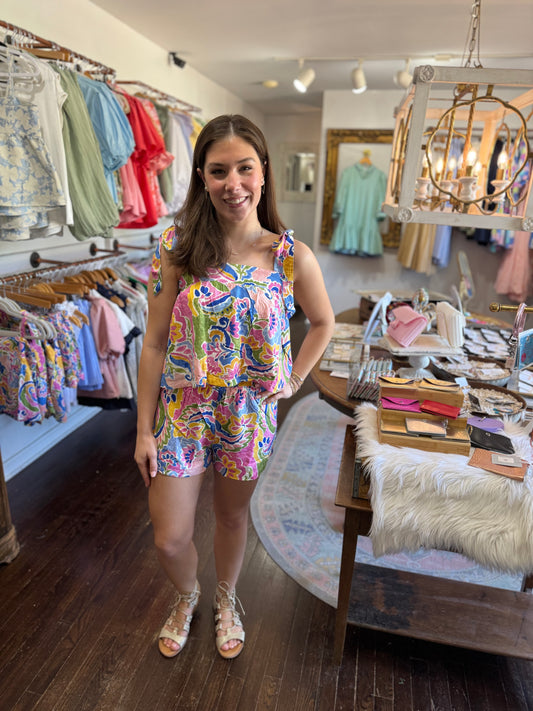 Pink blue yellow floral top