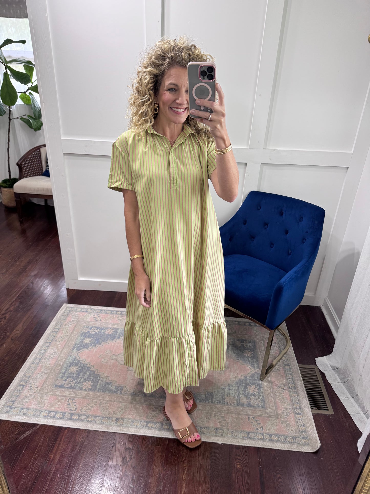 Sage and pink striped midi dress