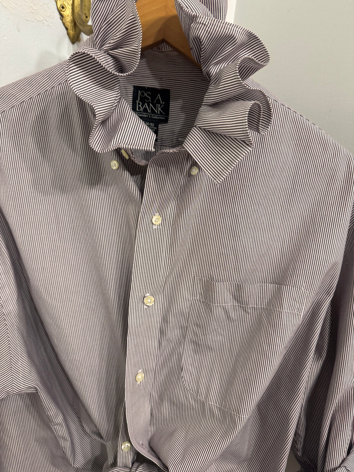 Choc pinstripe ruffle buttondown