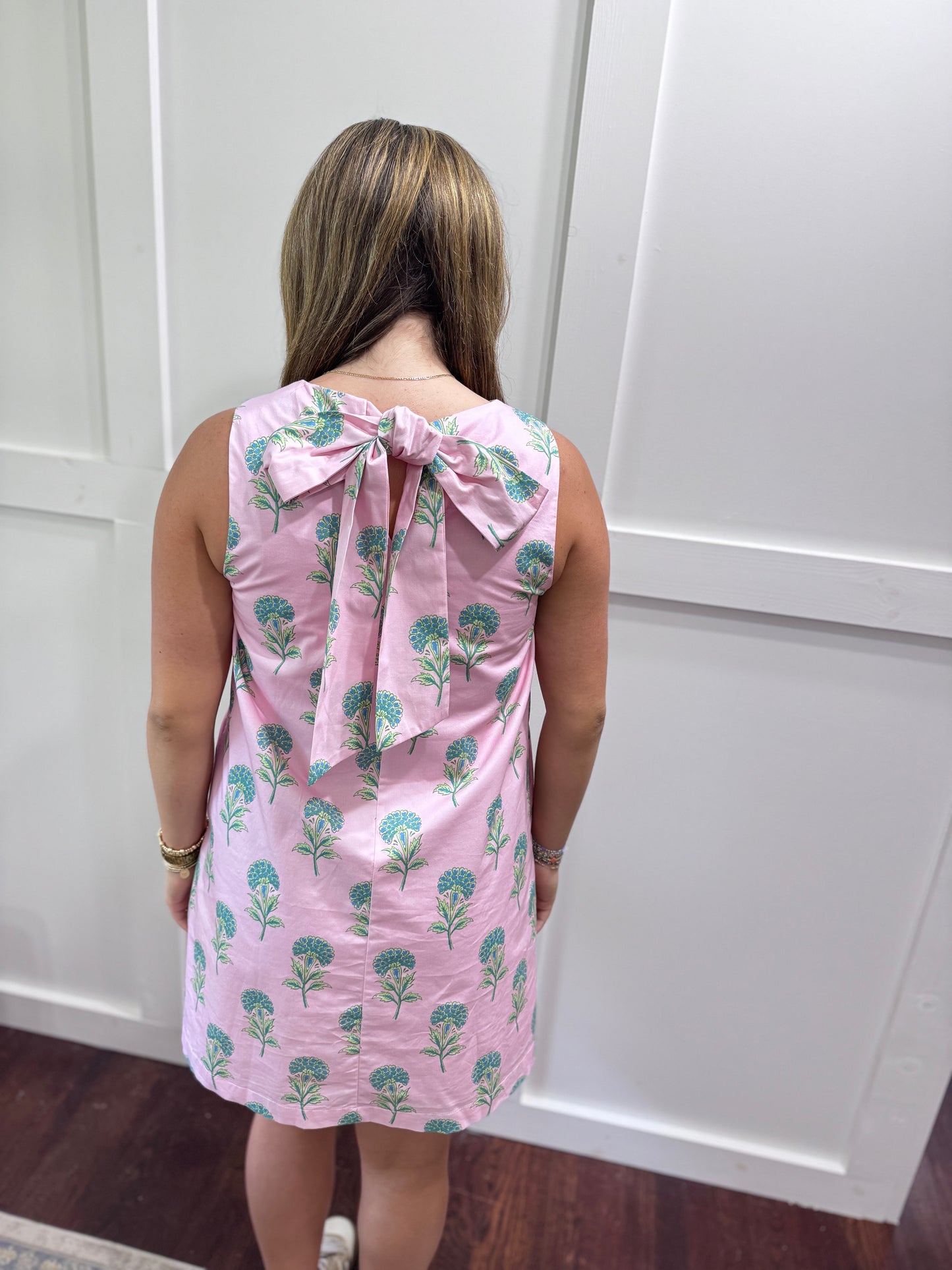 Pink hydrangea tie back dress
