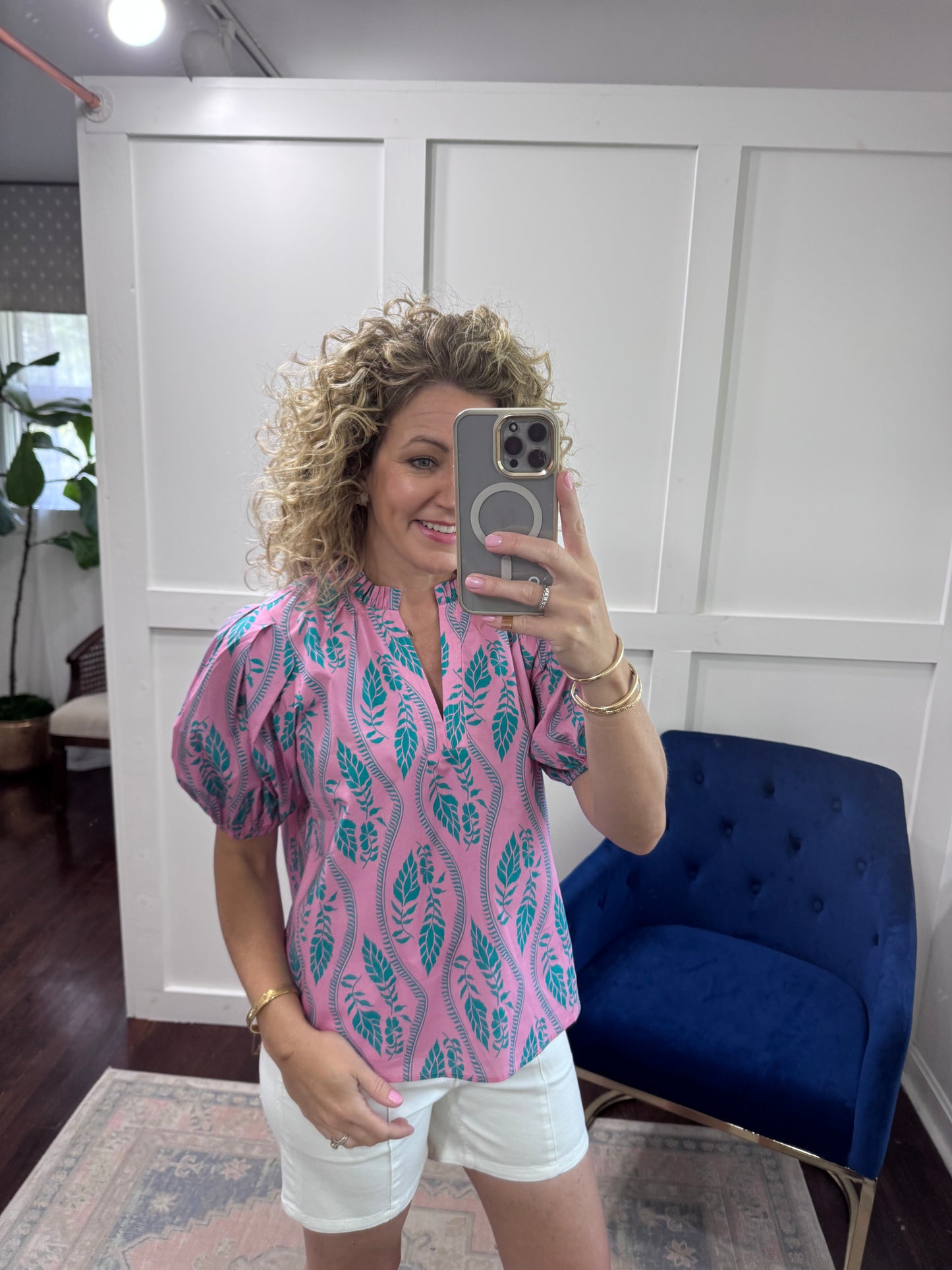 Pink teal botanical top