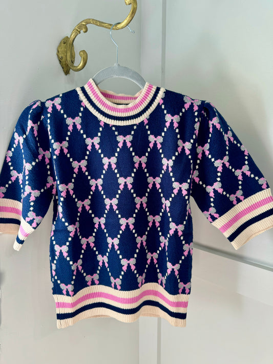 Navy and pink ribbon trellis sweater