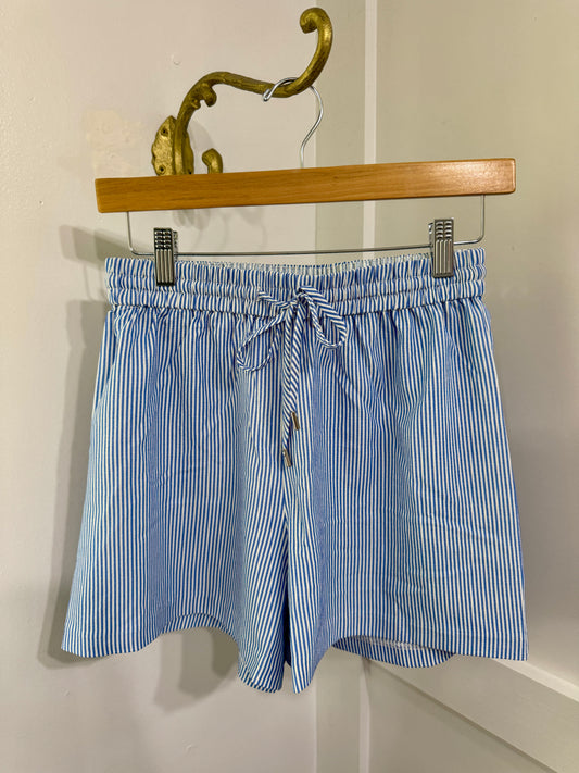 Blue white striped seersucker shorts
