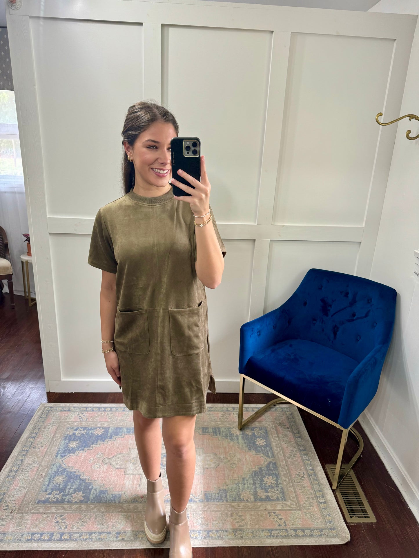 Olive suede shift dress