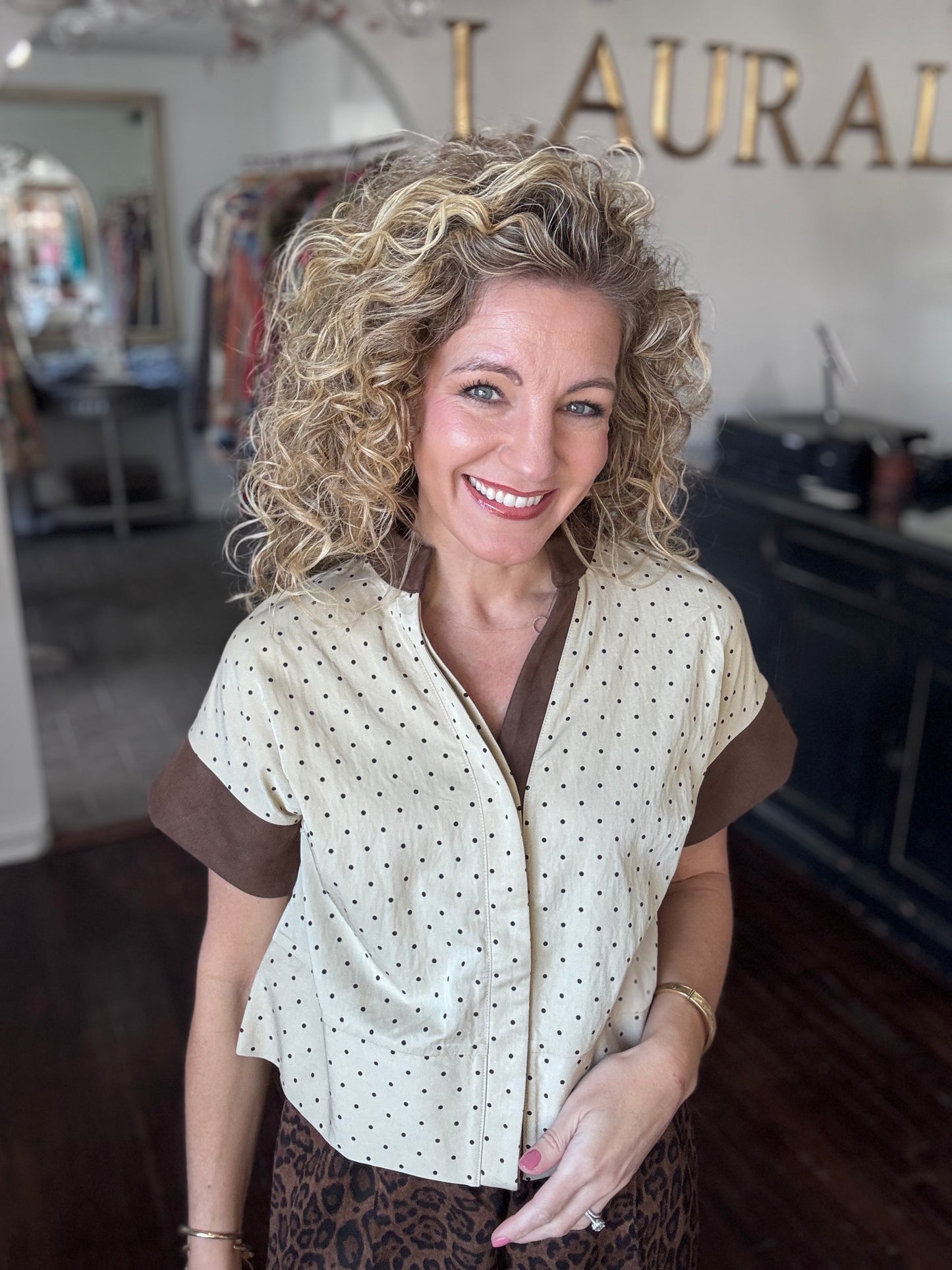Cream polka dot suede top
