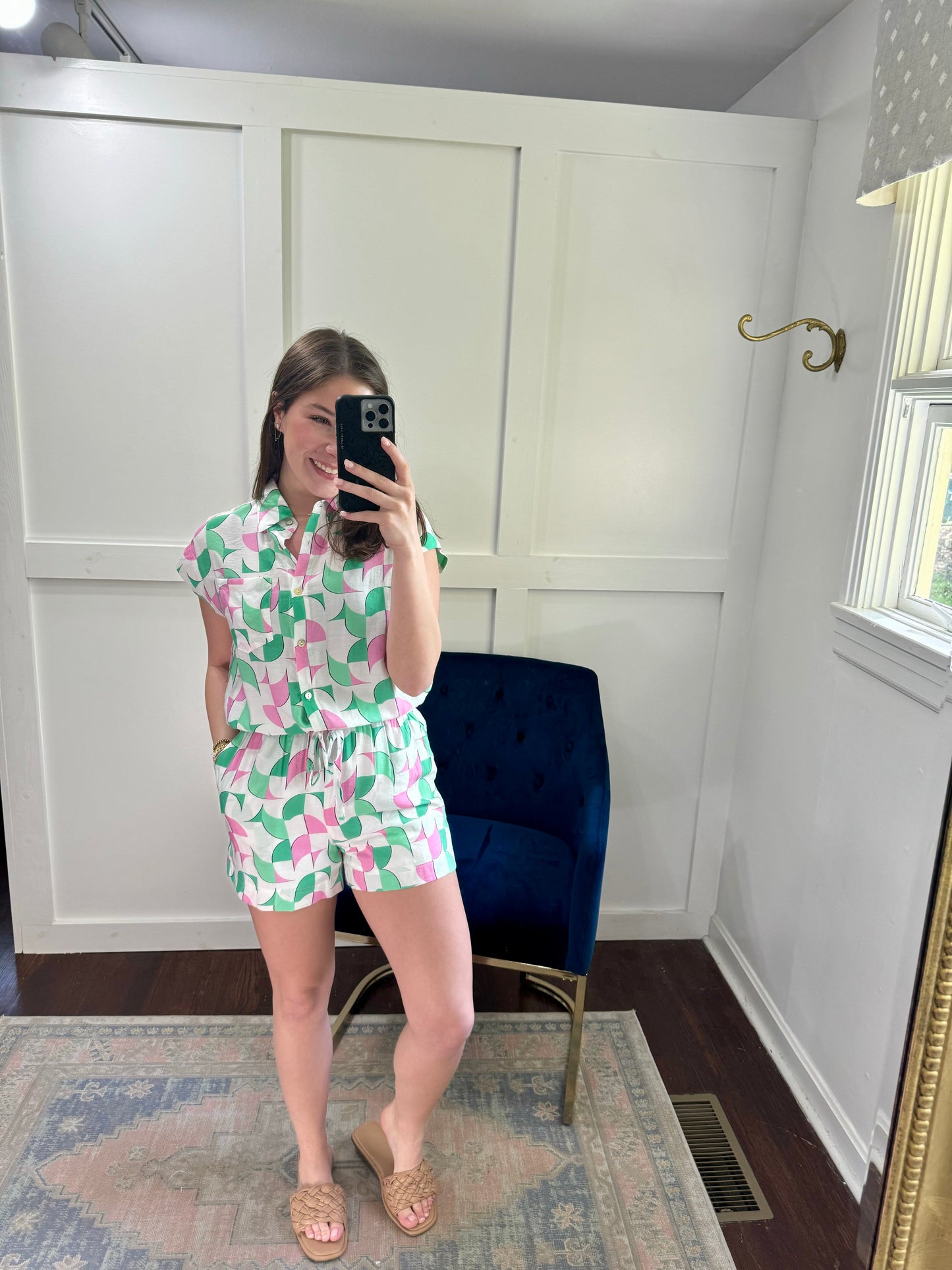 Green and pink button down top